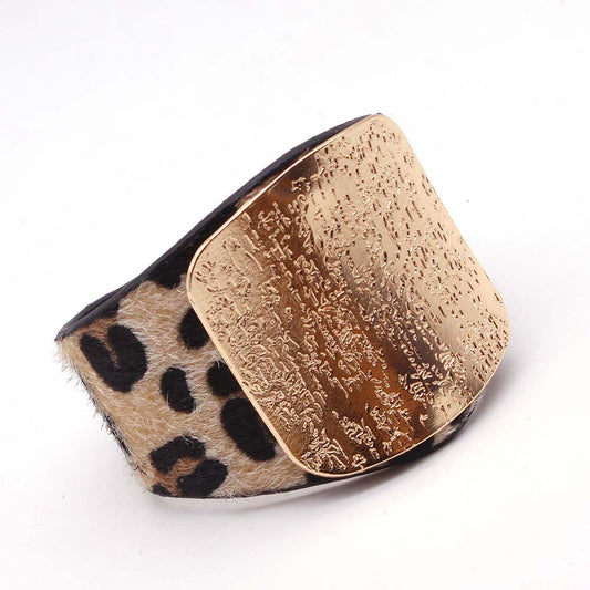 Personality Geometry Wide Horsehair Leopard Print Bangle Bracelet