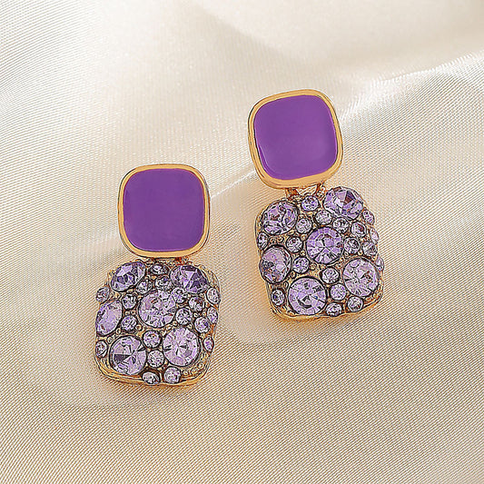 Oil Dripping Full Diamond Square Earrings Light Luxury High-end Fashion Simple