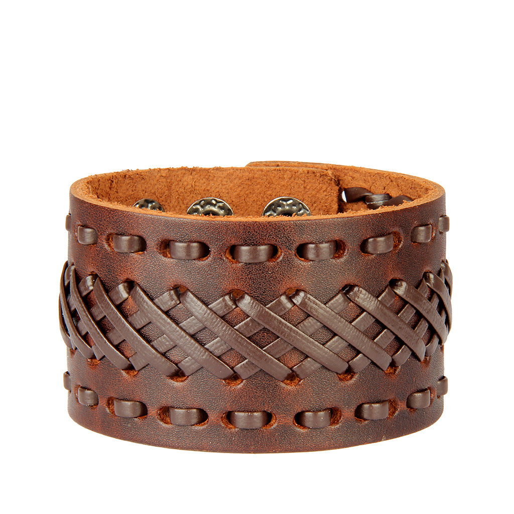 Retro Wide Leather Hand-strung Bracelet For Men And Women