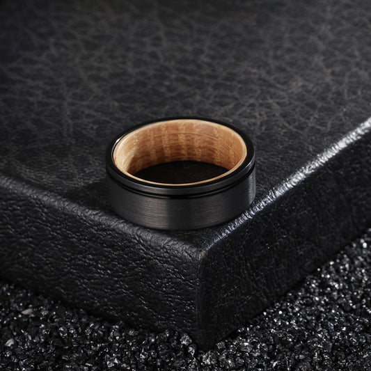 Men's Groove Ring 8mm Black Tungsten Steel Wine Barrel Wood