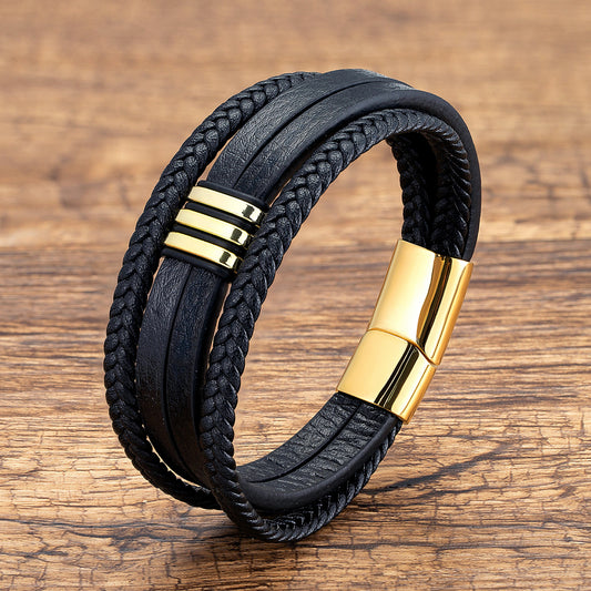 Casual Leather Stainless Steel Magnet Buckle Braided Bracelet