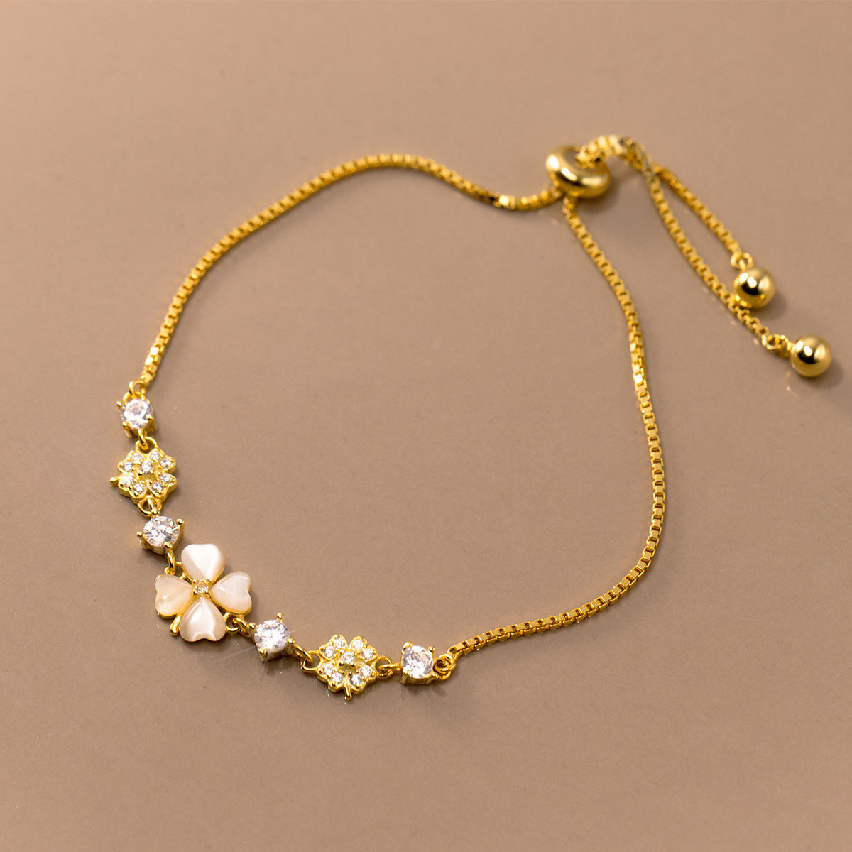 Silver Diamond Four Petal Flower Synthetic Opal Women's Bracelet