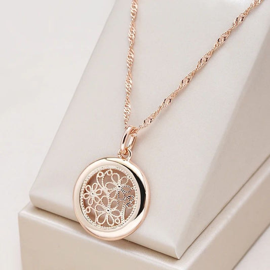 Retro Elegant Round Hollow Flower Pendant 585 Rose Gold Plated Necklace