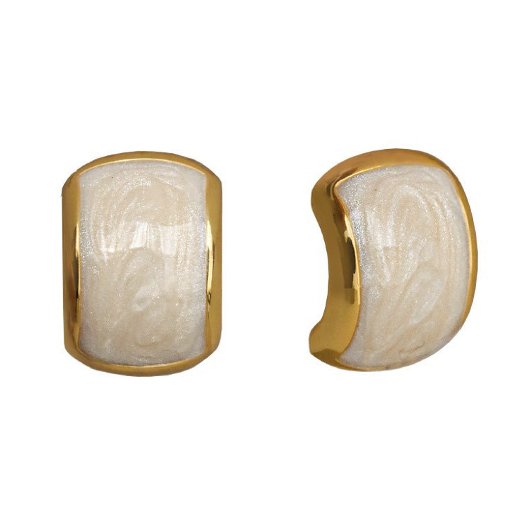 Pearl Off-white Dripping Oil Geometric Ear Studs Fashion French Retro