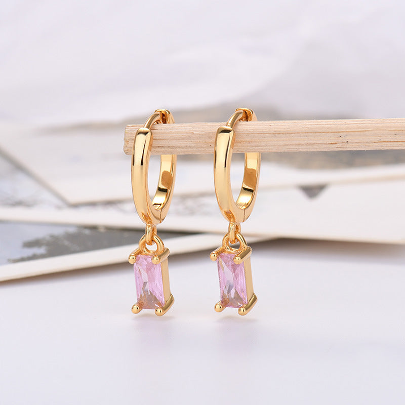 Silver Pin Rectangular Colored Zirconia Earrings