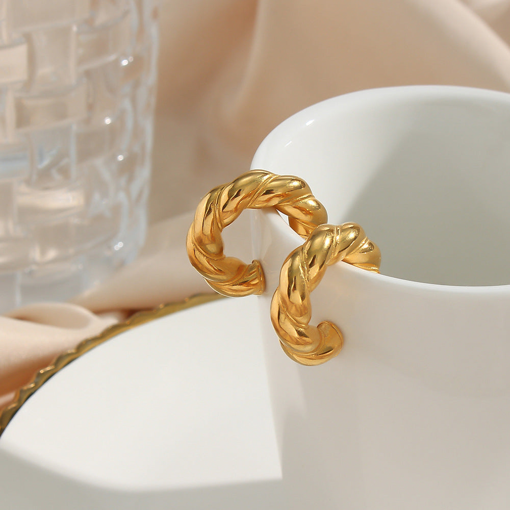 Simple Stainless Steel 18K Gold Plated Solid Fried Dough Twists Earrings