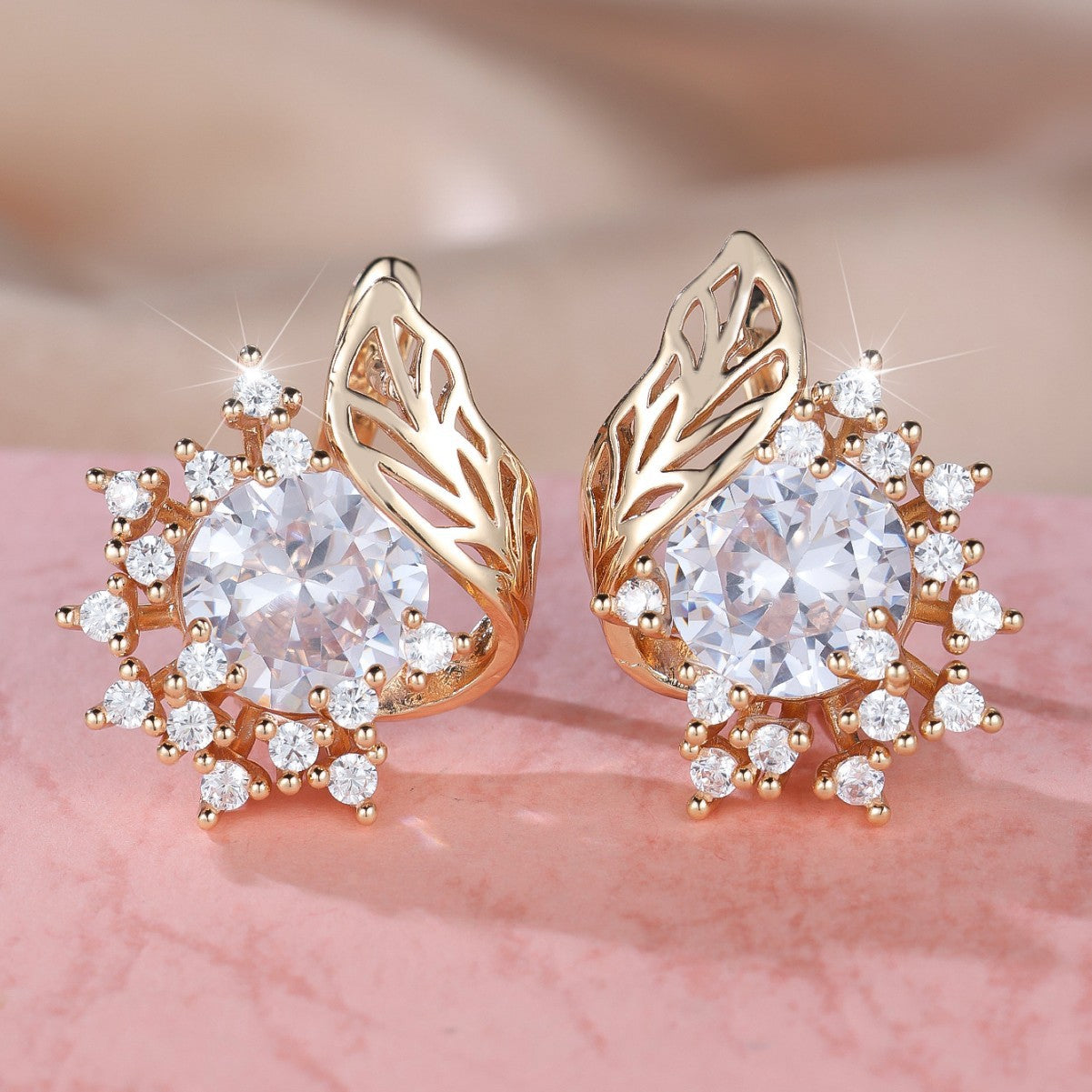 Round Flowers Feather Zircon Earrings Female Personality Fashion High Sense