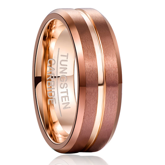 Brown Rose Gold Middle Groove Beveled Tungsten Steel Ring