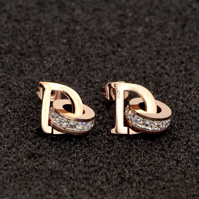 Letter Square Diamond Double Ring Rose Gold Stud Earrings