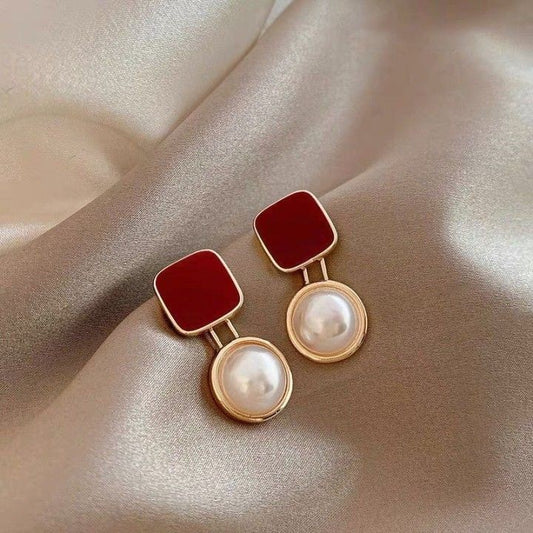 Red Blue Blocks Pearl Stud Earrings Ins French Simplicity