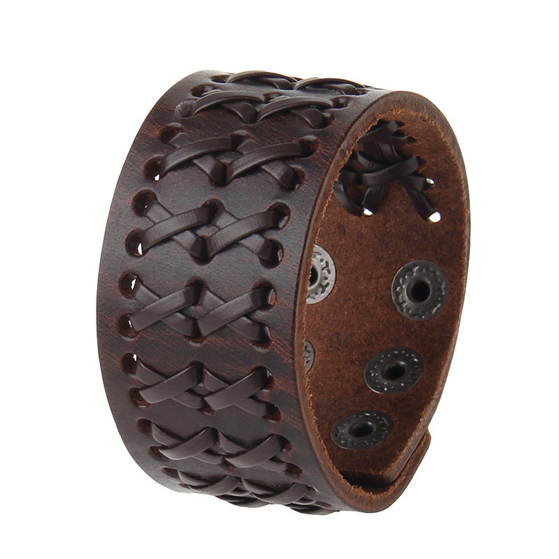 Retro Wide Leather Hand-strung Bracelet For Men And Women