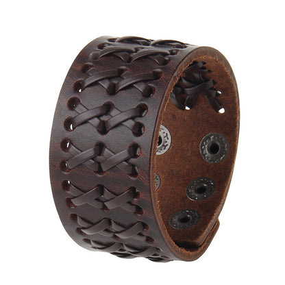 Retro Wide Leather Hand-strung Bracelet For Men And Women