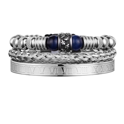 Stainless Steel Skull Head Spacer Beads Tiger-eye Blue Bracelet Set