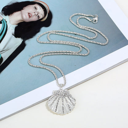 Metal Fan Shell Rhinestone Long Necklace