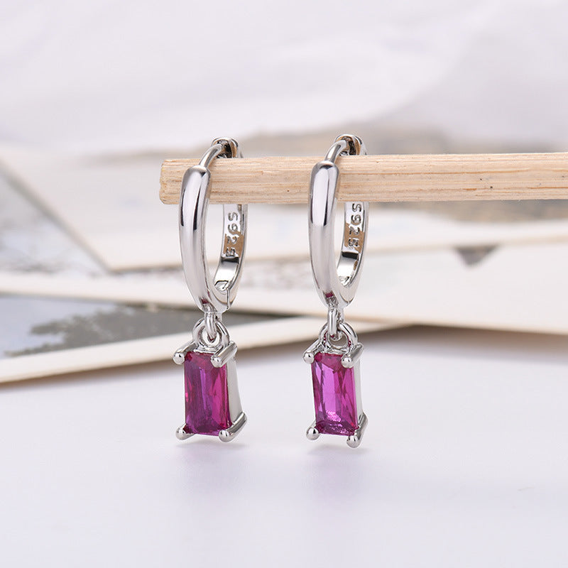 Silver Pin Rectangular Colored Zirconia Earrings