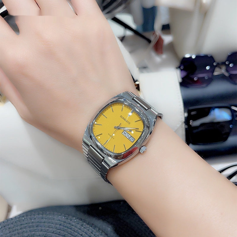 ساعة كوارتز بحزام فولاذي أبيض مربع بسيط وأنيق