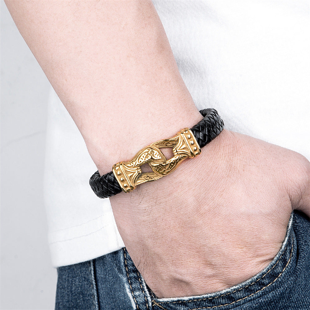 Stainless Steel Jewelry Double Stirrup Tibetan Men's Authentic Leather Weave Bracelet