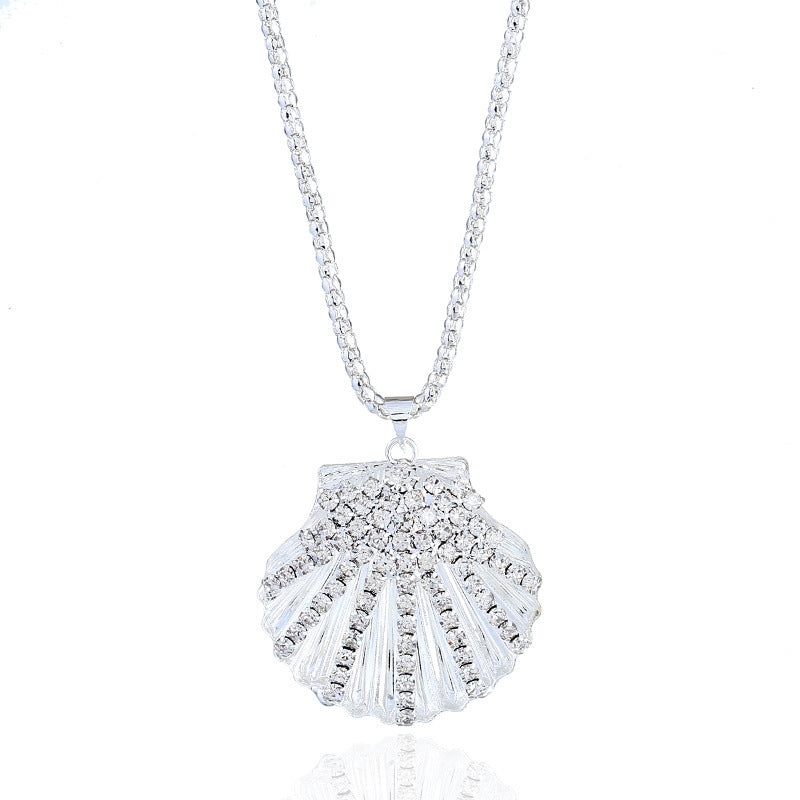 Metal Fan Shell Rhinestone Long Necklace