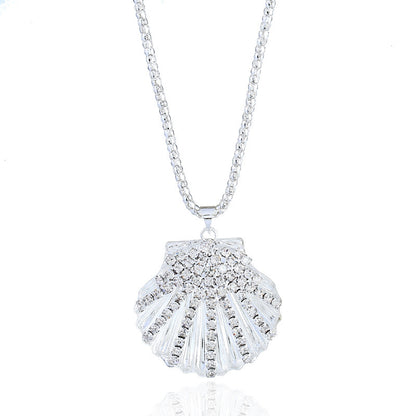 Metal Fan Shell Rhinestone Long Necklace