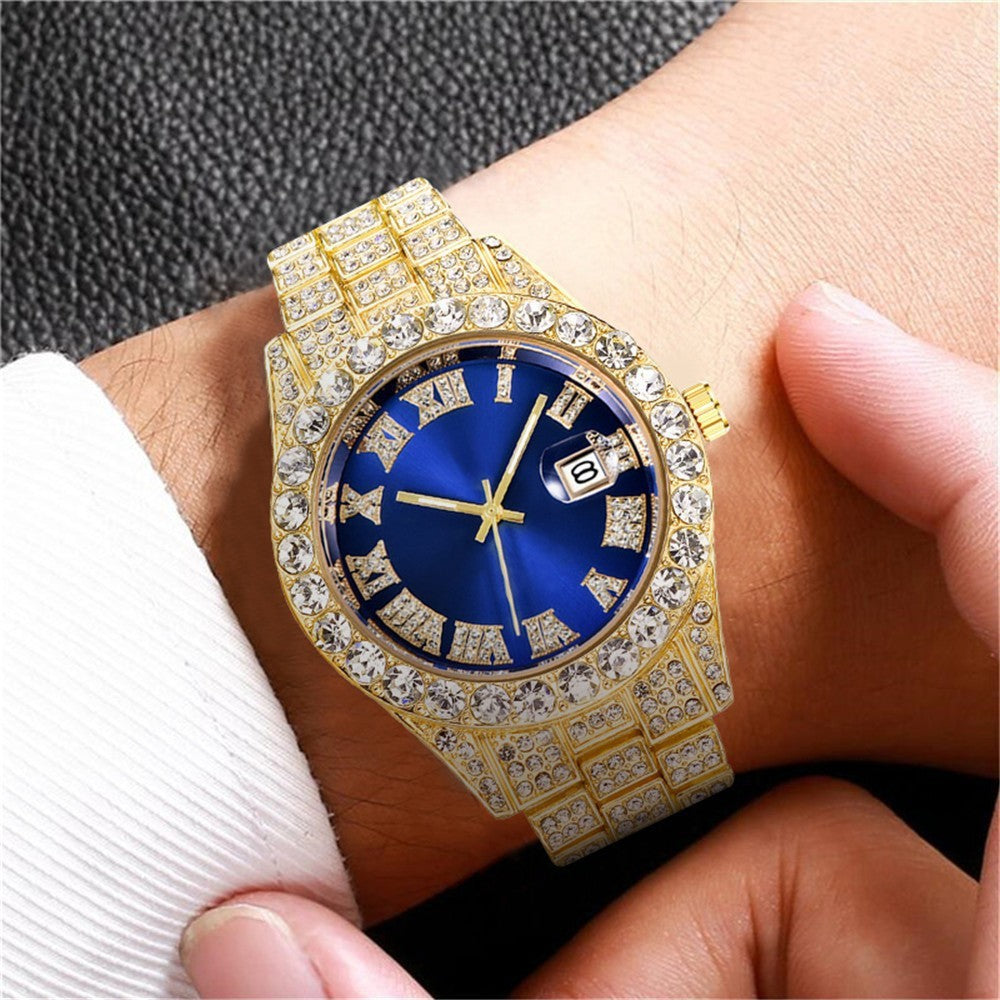 Diamond Roman Steel Belt Calendar Men's Quartz Watch