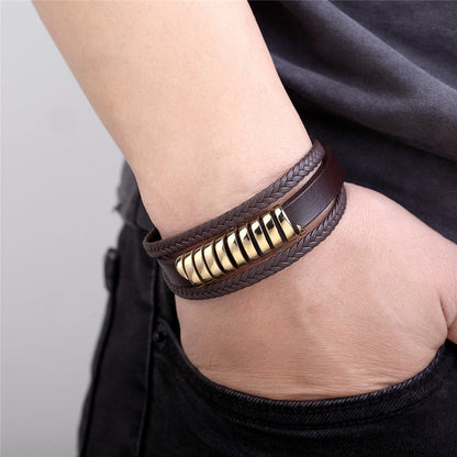 Men's Stainless Steel Magnet Buckle Multilayer Leather Hand Strap