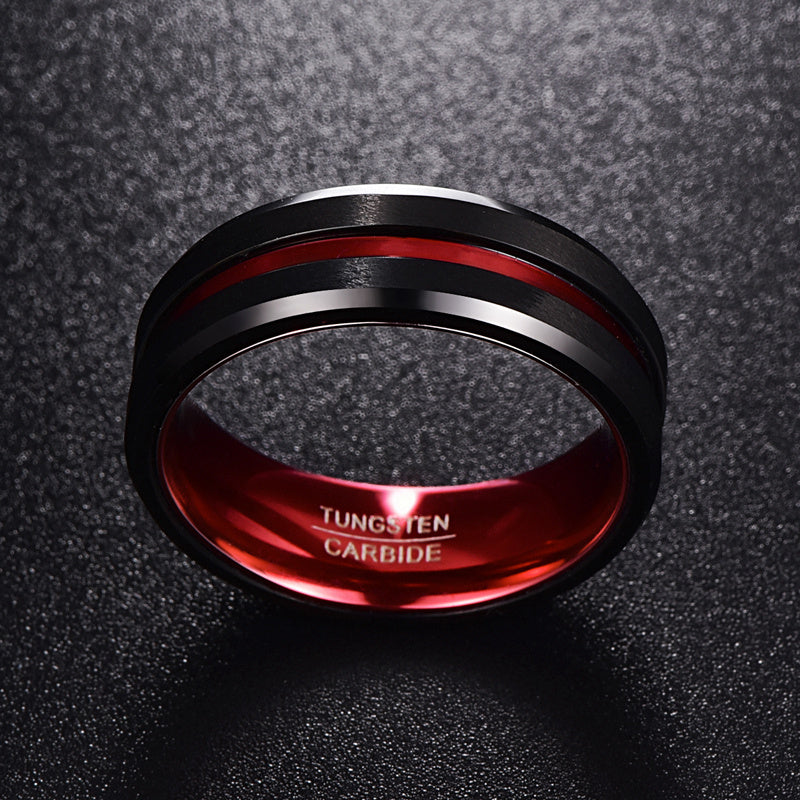 Men's 8mm Black and Red Tungsten Carbide Ring Matte Finish Beveled Edges