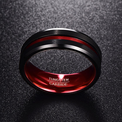 Men's 8mm Black and Red Tungsten Carbide Ring Matte Finish Beveled Edges