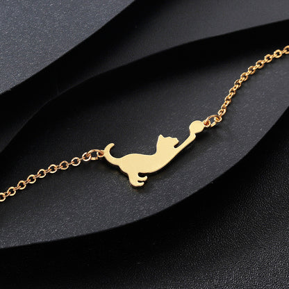 Stainless Steel Cat Play Pendant Personalized Women's Bracelet
