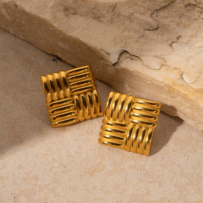 Fashion 18K Gold Stainless Steel Square Texture Stud Earrings