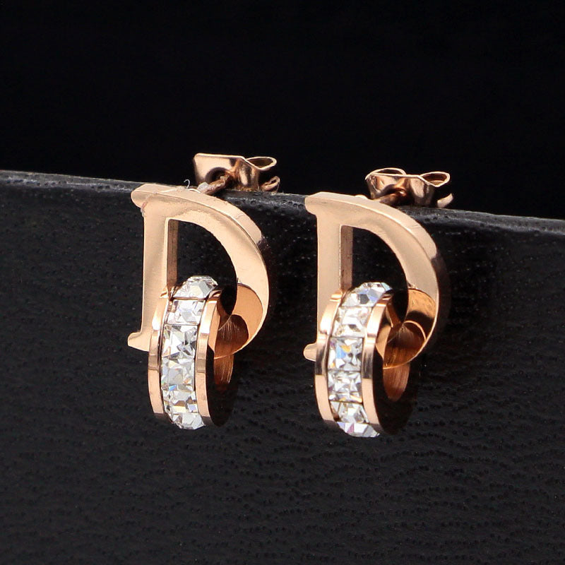 Letter Square Diamond Double Ring Rose Gold Stud Earrings