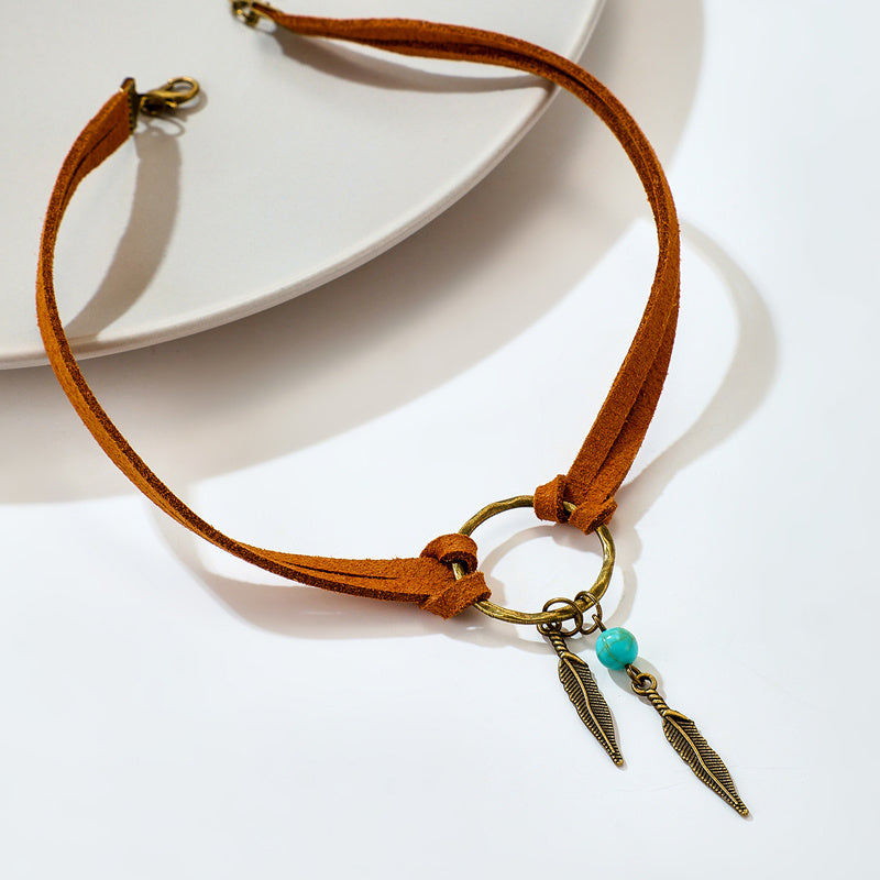 Vintage Alloy Feather Leather Choker Necklace