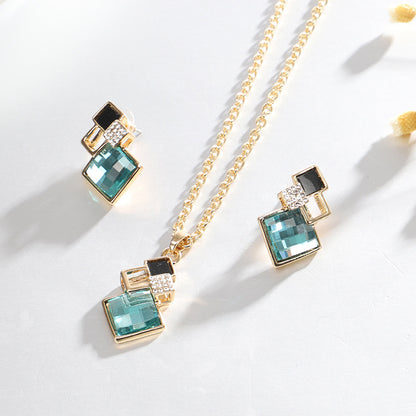 Square Glass Crystal Inlaid Pendant Necklace Earrings Jewelry Set