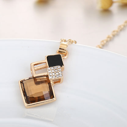 Square Glass Crystal Inlaid Pendant Necklace Earrings Jewelry Set