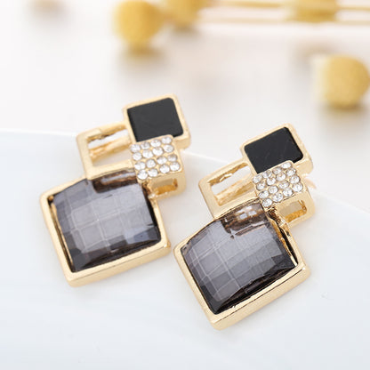 Square Glass Crystal Inlaid Pendant Necklace Earrings Jewelry Set