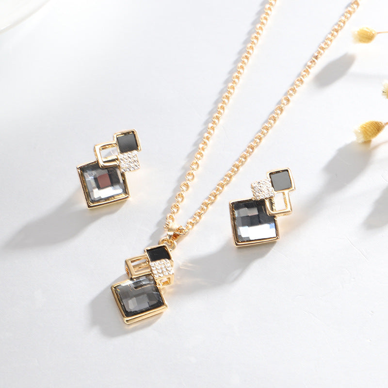 Square Glass Crystal Inlaid Pendant Necklace Earrings Jewelry Set