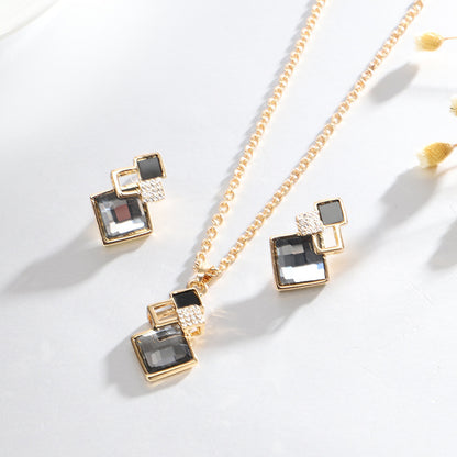 Square Glass Crystal Inlaid Pendant Necklace Earrings Jewelry Set