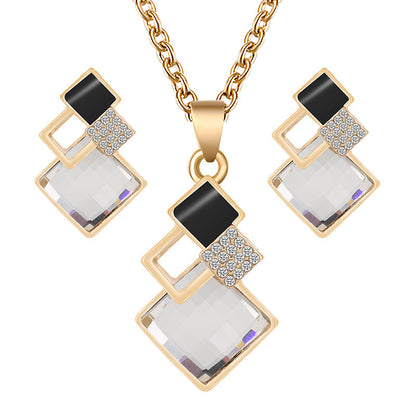 Square Glass Crystal Inlaid Pendant Necklace Earrings Jewelry Set