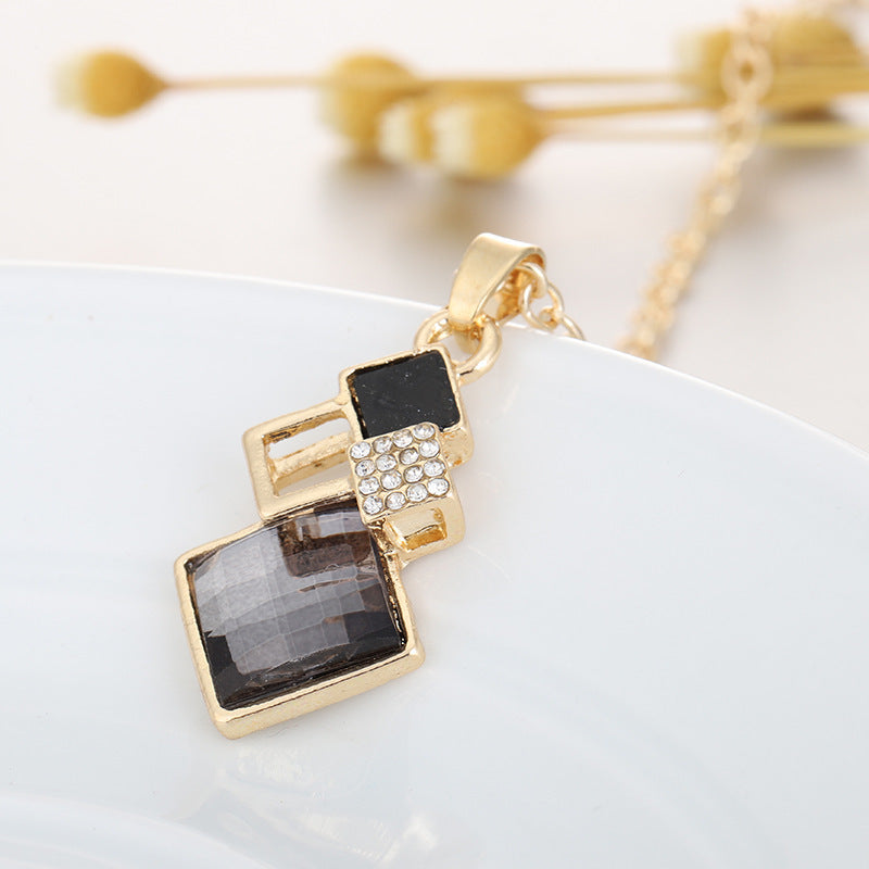 Square Glass Crystal Inlaid Pendant Necklace Earrings Jewelry Set
