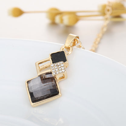 Square Glass Crystal Inlaid Pendant Necklace Earrings Jewelry Set