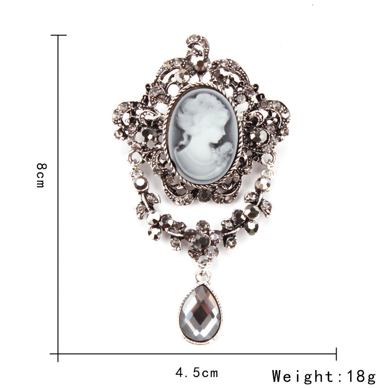 دبوس قصر ريترو دبوس نسائي مضاد للضوء على الموضة الأوروبية والأمريكية صورة رأس جميلة سترة واقية من الرياح شارة دبوس طوق دبوس مشبك