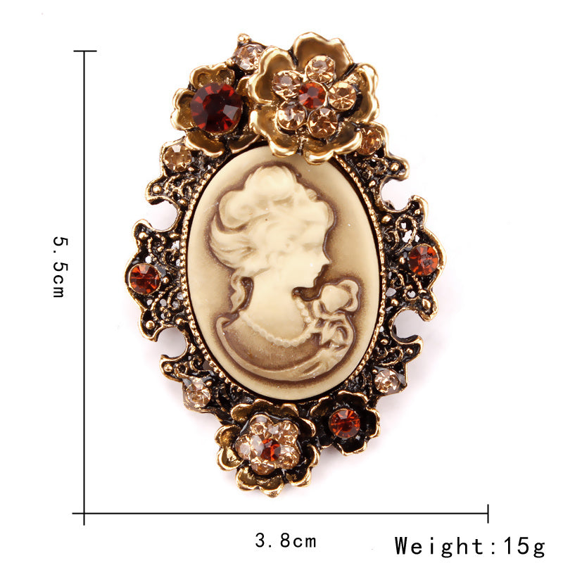 دبوس قصر ريترو دبوس نسائي مضاد للضوء على الموضة الأوروبية والأمريكية صورة رأس جميلة سترة واقية من الرياح شارة دبوس طوق دبوس مشبك