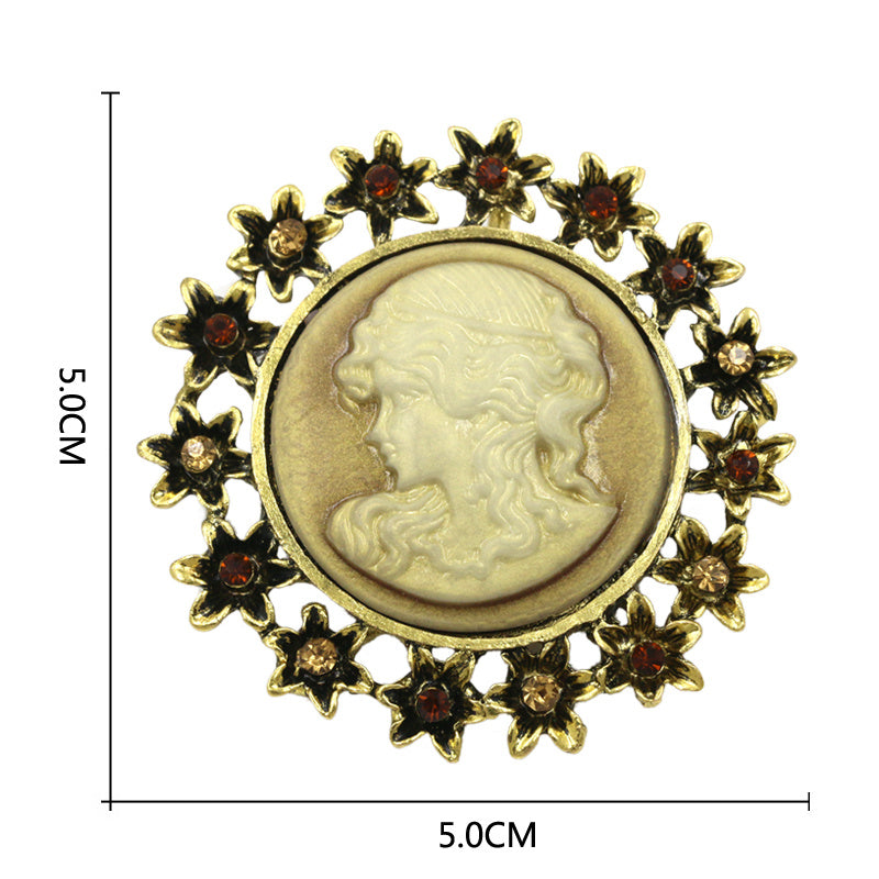 دبوس قصر ريترو دبوس نسائي مضاد للضوء على الموضة الأوروبية والأمريكية صورة رأس جميلة سترة واقية من الرياح شارة دبوس طوق دبوس مشبك