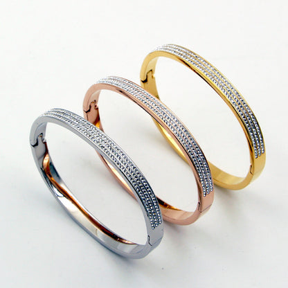 Half Circle Three Rows Full Diamond Rose Gold Concealed Buckle Bracelet Titanium Steel Rose Gold Bracelet Women