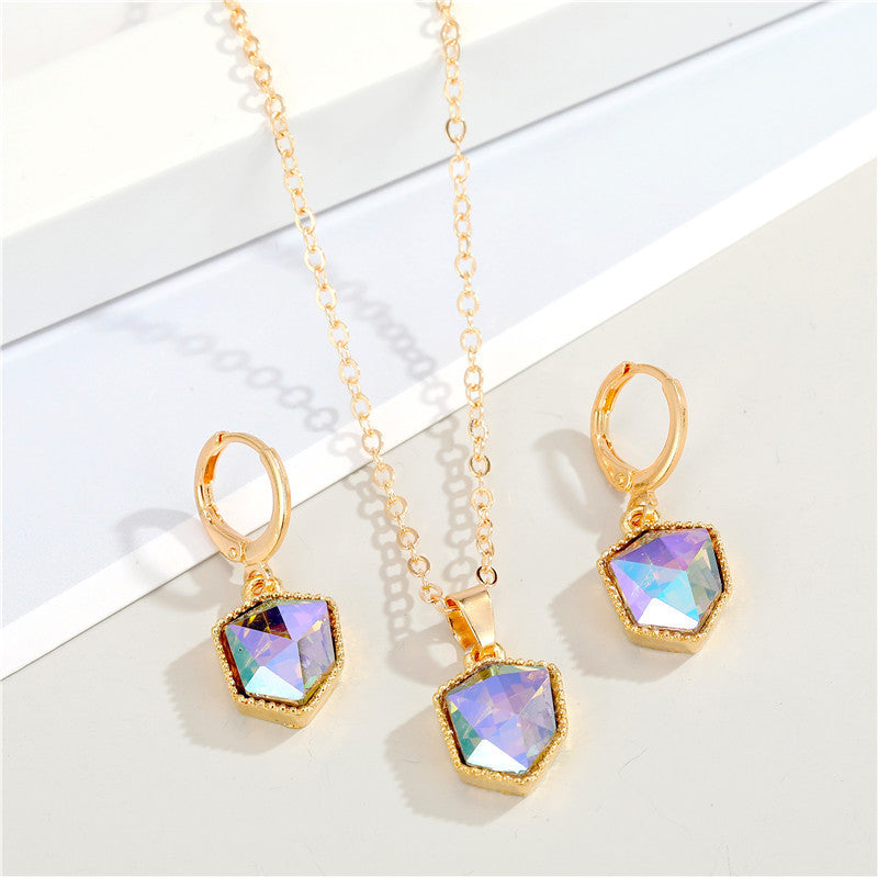 New Colorful Crystal Pendant Hao Stone Necklace Earring Set Fashion Resin Necklace Earrings