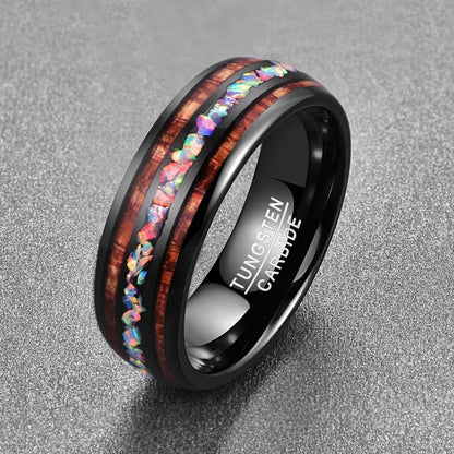 Black Acacia Wood Opal Tungsten Steel Ring
