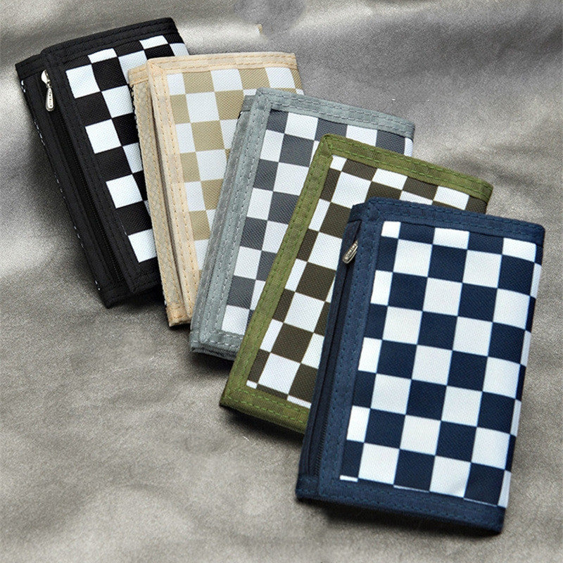 Men's Sports Tri-Fold Zip Check Canvas Wallet