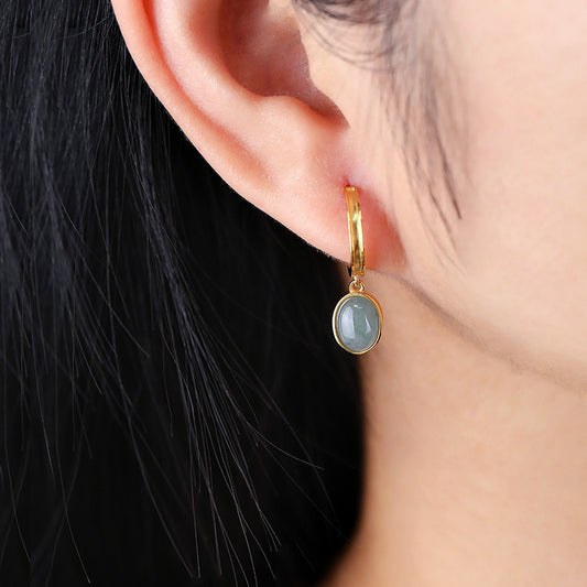 925 Silver Natural A Cargo Blue Water Jade Egg Surface Earrings