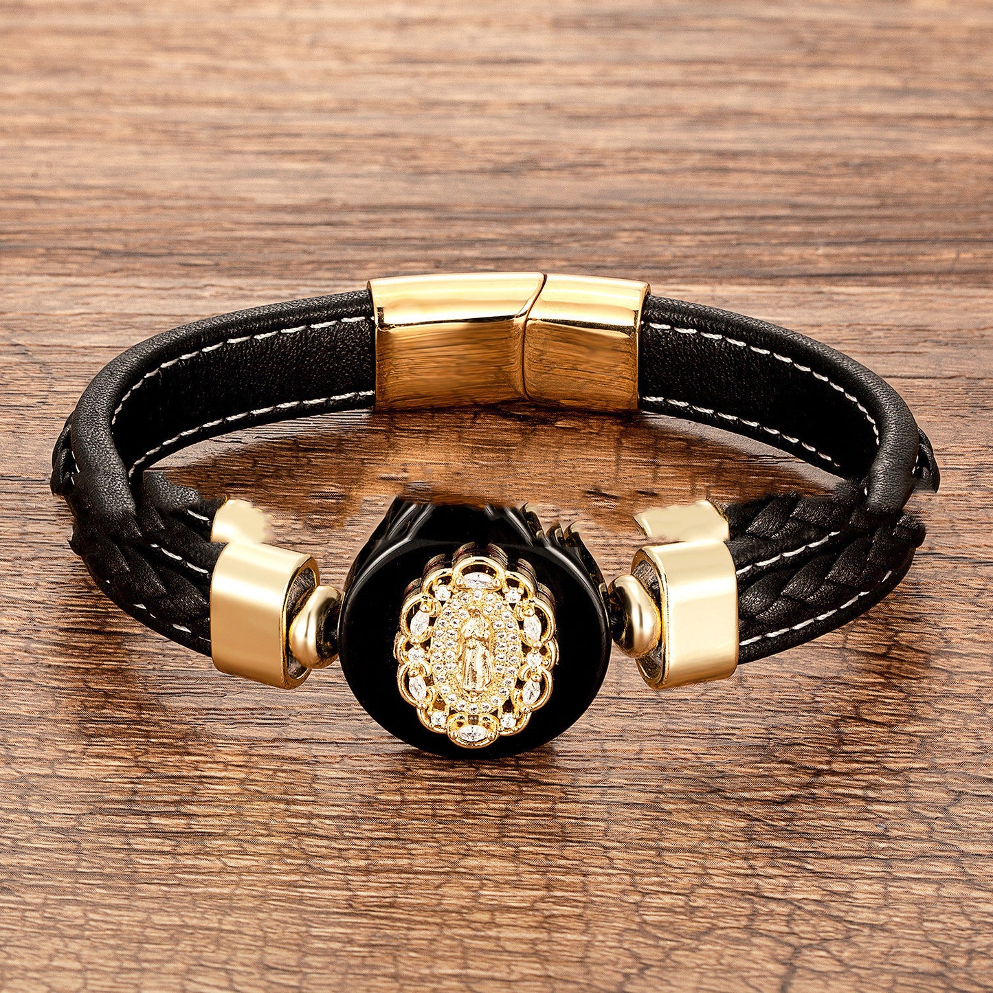 European And American Fashion Outer Stone Leather Cord Braided Bracelet