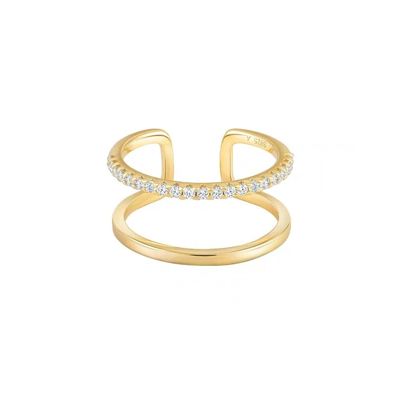 Double Ring Open-Ended Zircon Ring With Adjustable Gold Ring