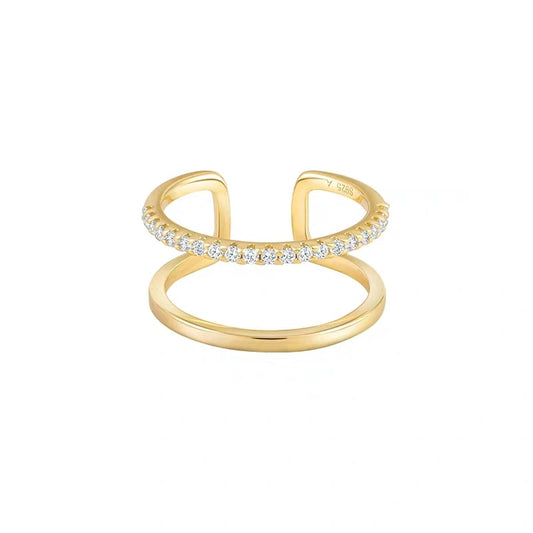 Double Ring Open-Ended Zircon Ring With Adjustable Gold Ring
